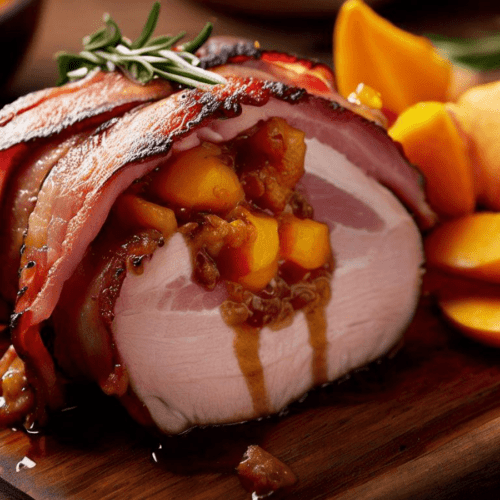 Smoked Pork Tenderloin Wrapped in Bacon and Peach Chutney