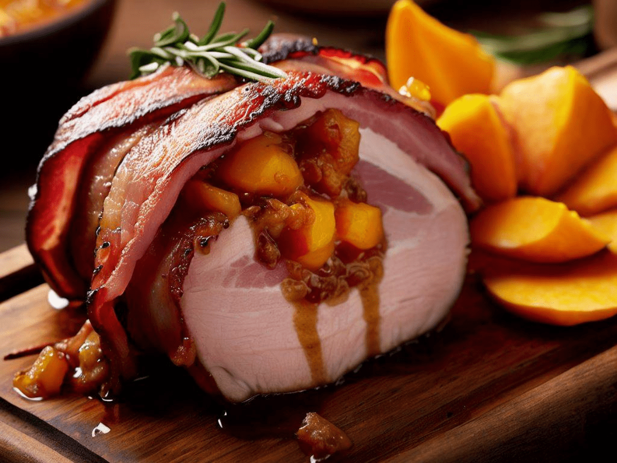 Smoked Pork Tenderloin Wrapped in Bacon and Peach Chutney